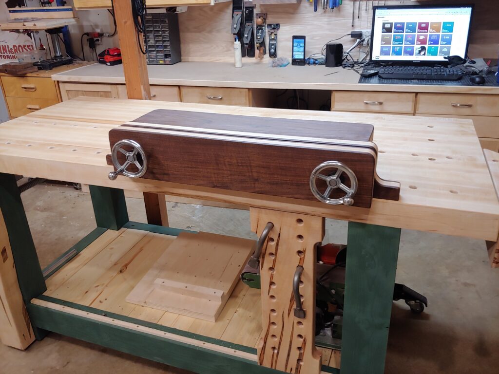 Finished bench with my walnut and maple Moxon vise on top